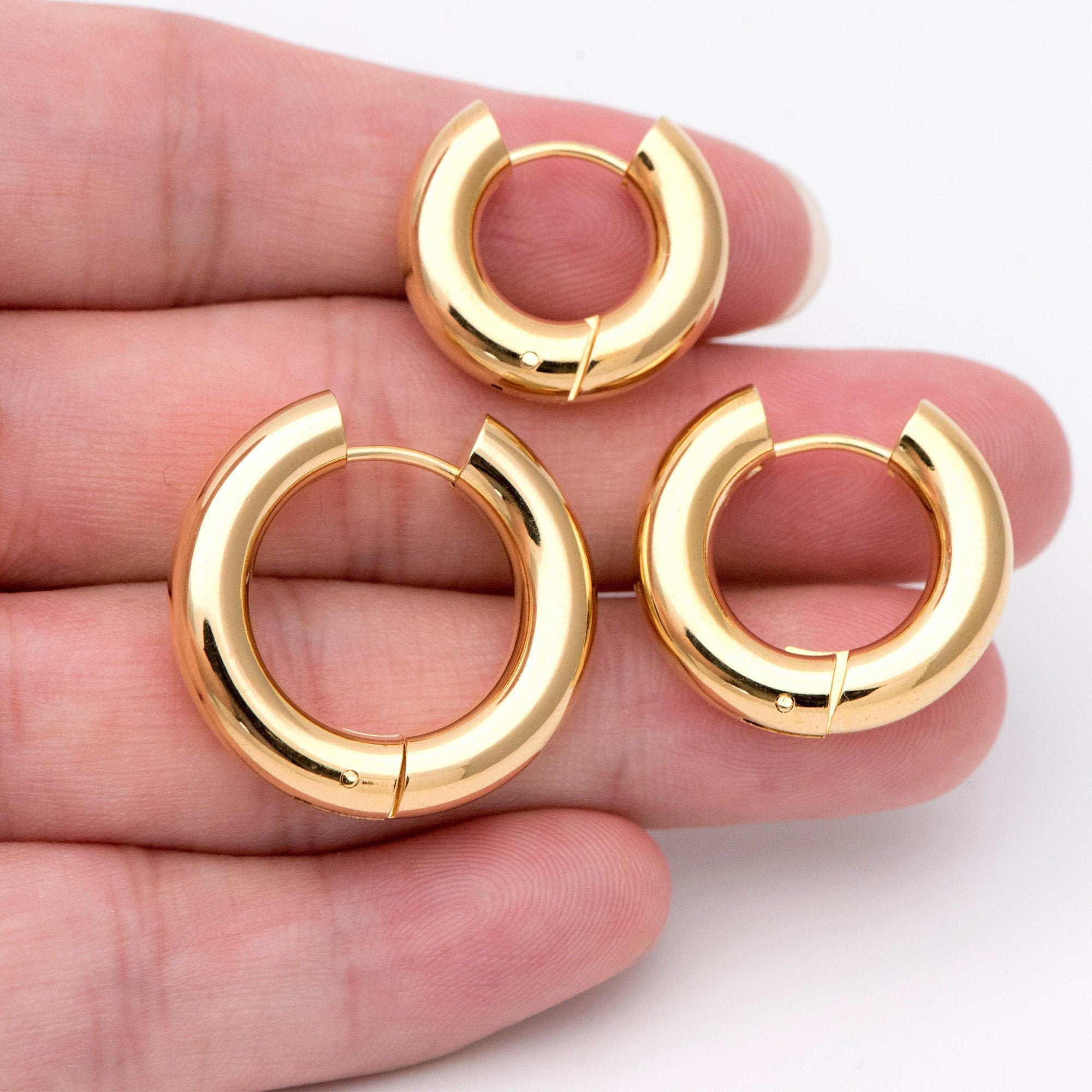 4pcs Gold plated Stainless Steel Huggie Earrings, 5mm Thick by 20/ 22/ 24/ 26mm, Minimalist Chunky Hoop Earrings (GB-1484)